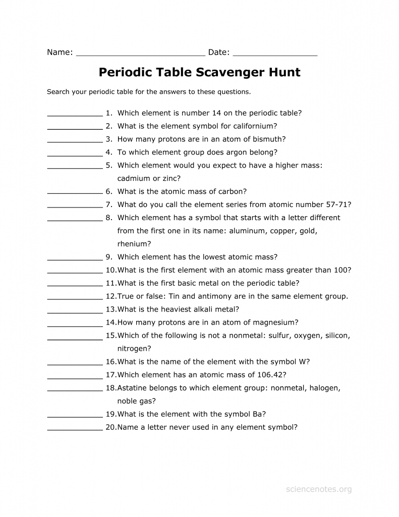 Periodic Table Scavenger Hunt Worksheet Periodic Table Scavenger Hunt Worksheet