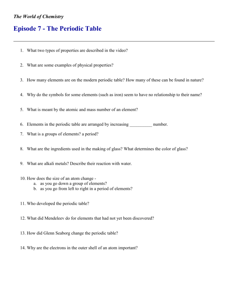 answer key periodic table worksheet