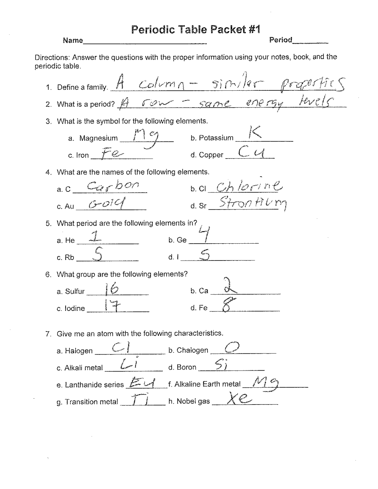 Periodic Table Worksheet Answers Key Exercises Chemistry Docsity Worksheets Library