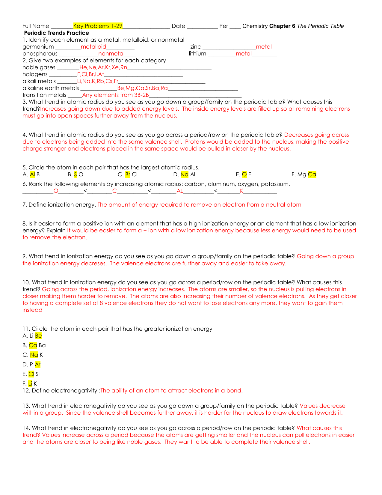 Periodic Trends Chemistry Worksheet Atomic Radius More Periodic Trends Chemistry Worksheet Atomic Radius More