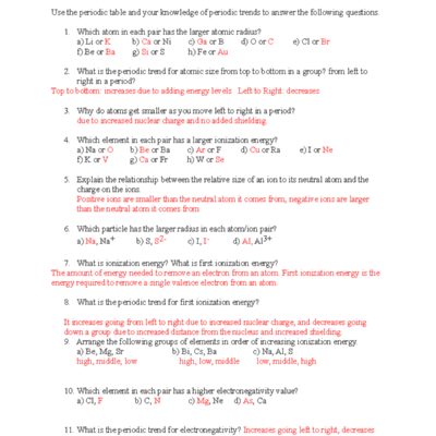 Periodic Trends Worksheet 1 Answer Key And Explanations Studocu