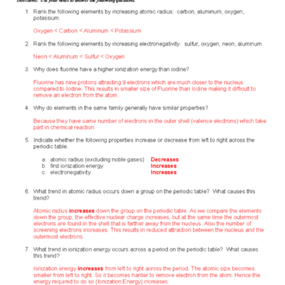 Periodic Trends Worksheet Answer Key 2 Chemistry Class Studocu