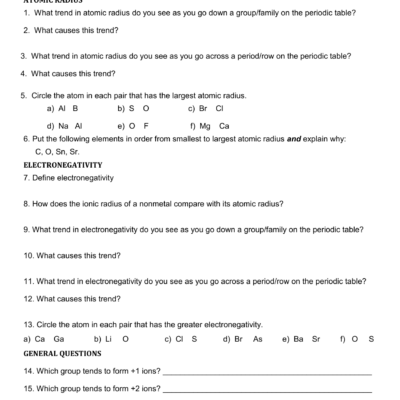 Periodic Trends Worksheet Atomic Radius Electronegativity