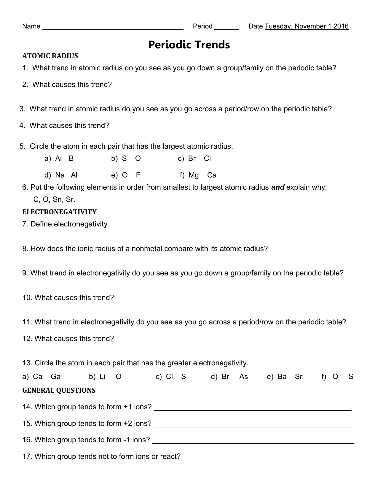 Periodic Trends Worksheet Atomic Radius Electronegativity