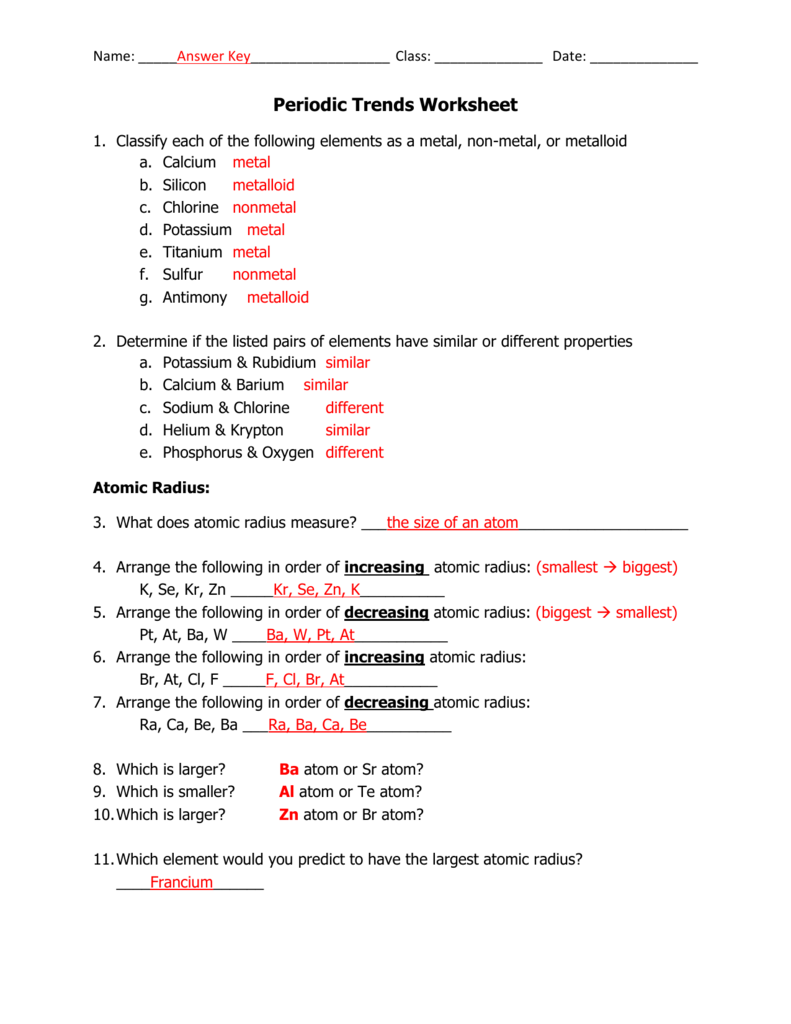 periodic trends worksheet with answers periodic trends worksheet with answers