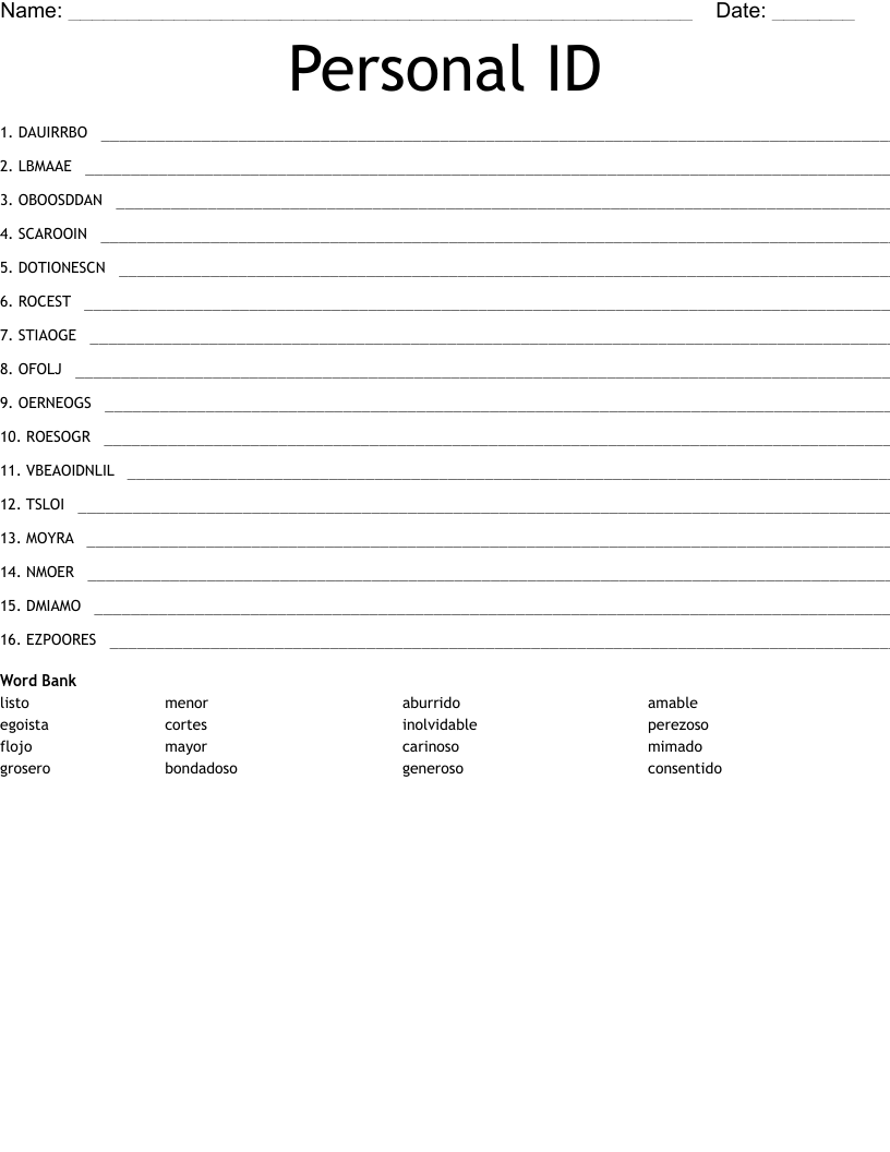 Personal ID Word Scramble WordMint