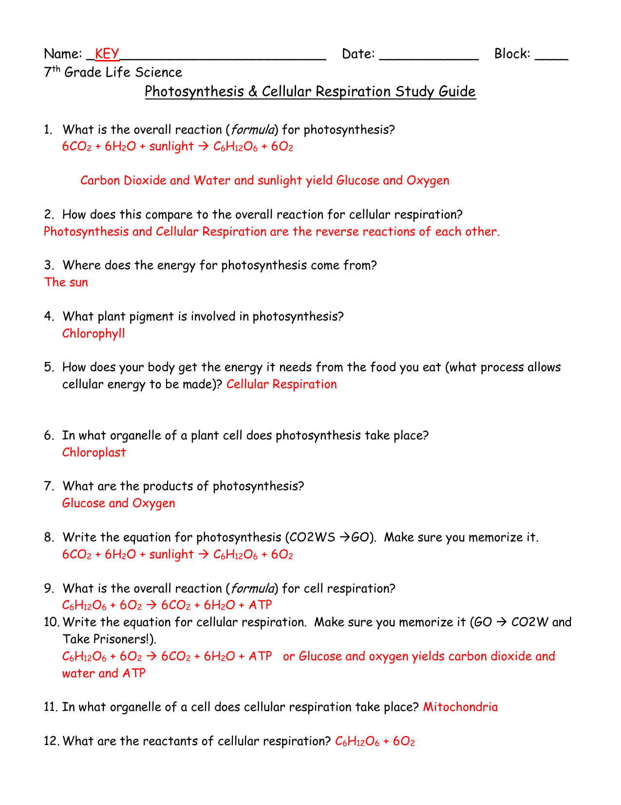 Photosynthesis Cellular Respiration Study Guide