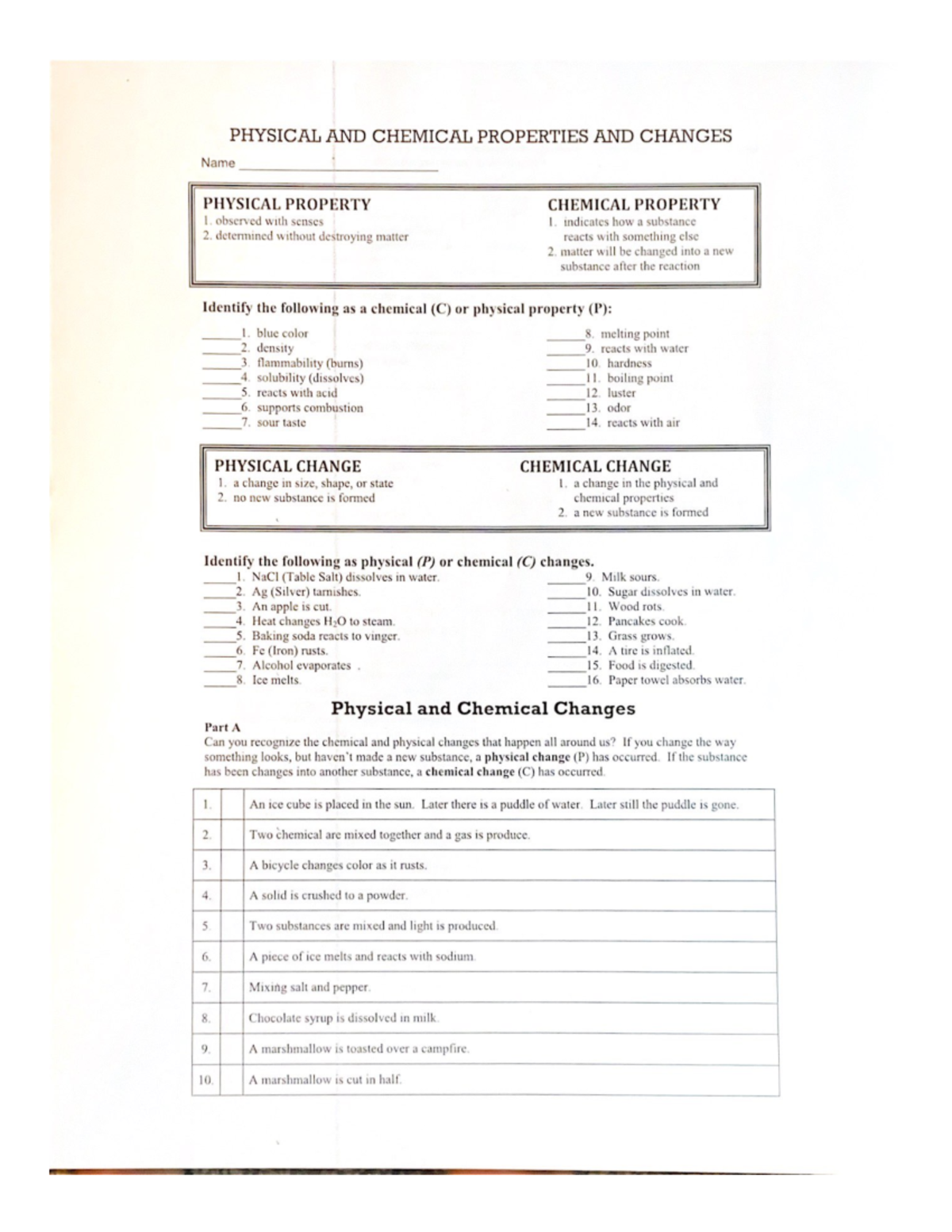 Physical And Chemical Properties Worksheet Answers GSCI 101 Studocu