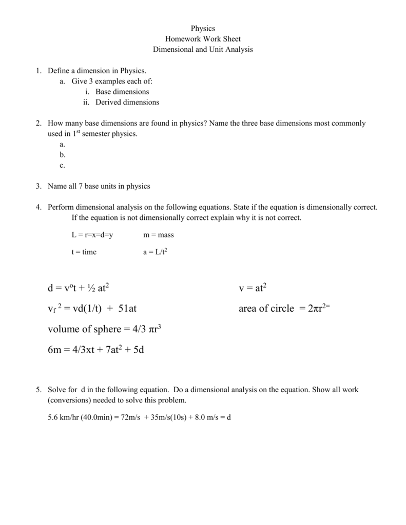 Physics Dimensional Analysis Homework Worksheet