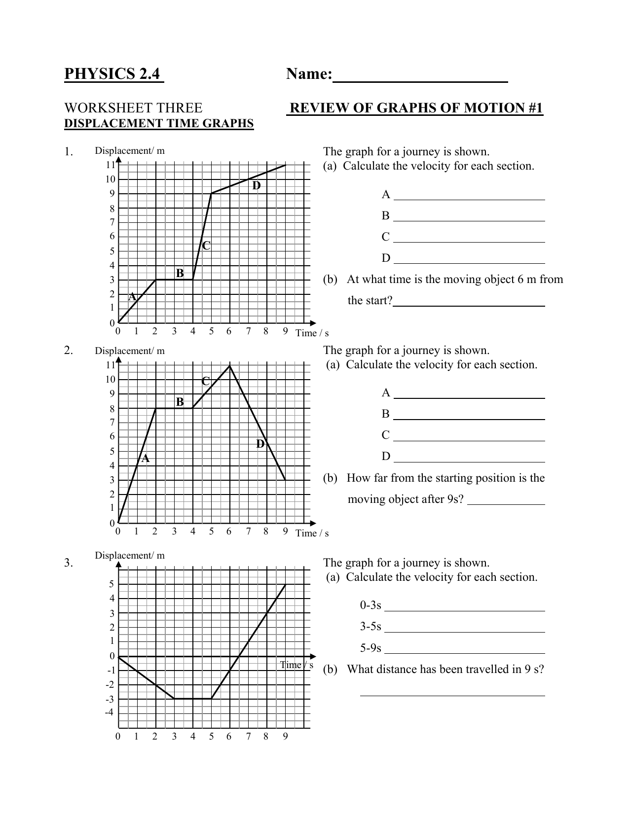 Physics Worksheet Displacement Time Graphs Review