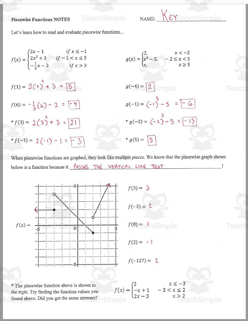 Piecewise Functions Guided Notes Homework Set By Teach Simple