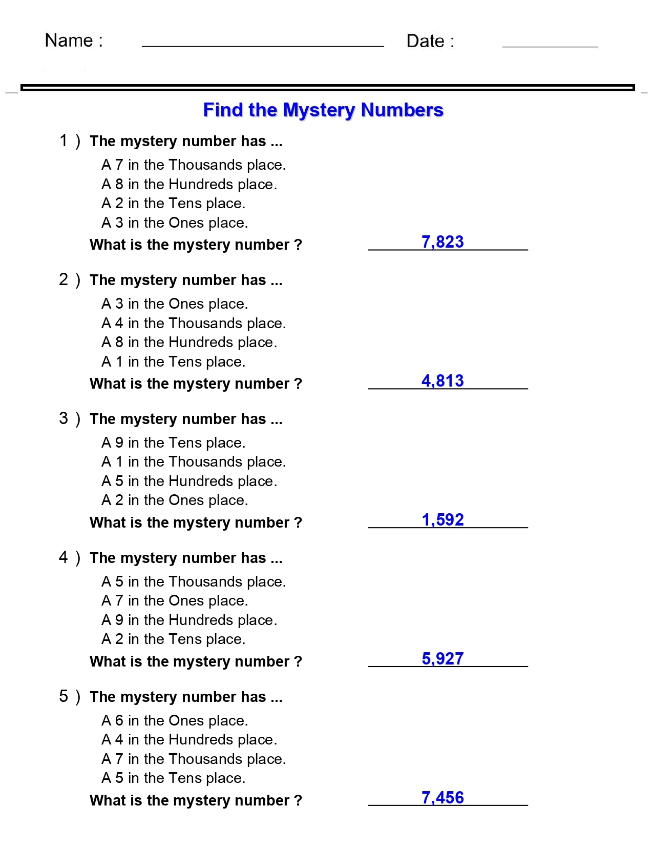 Place Value Worksheets Find The Mystery Numbers Worksheets Made By Teachers