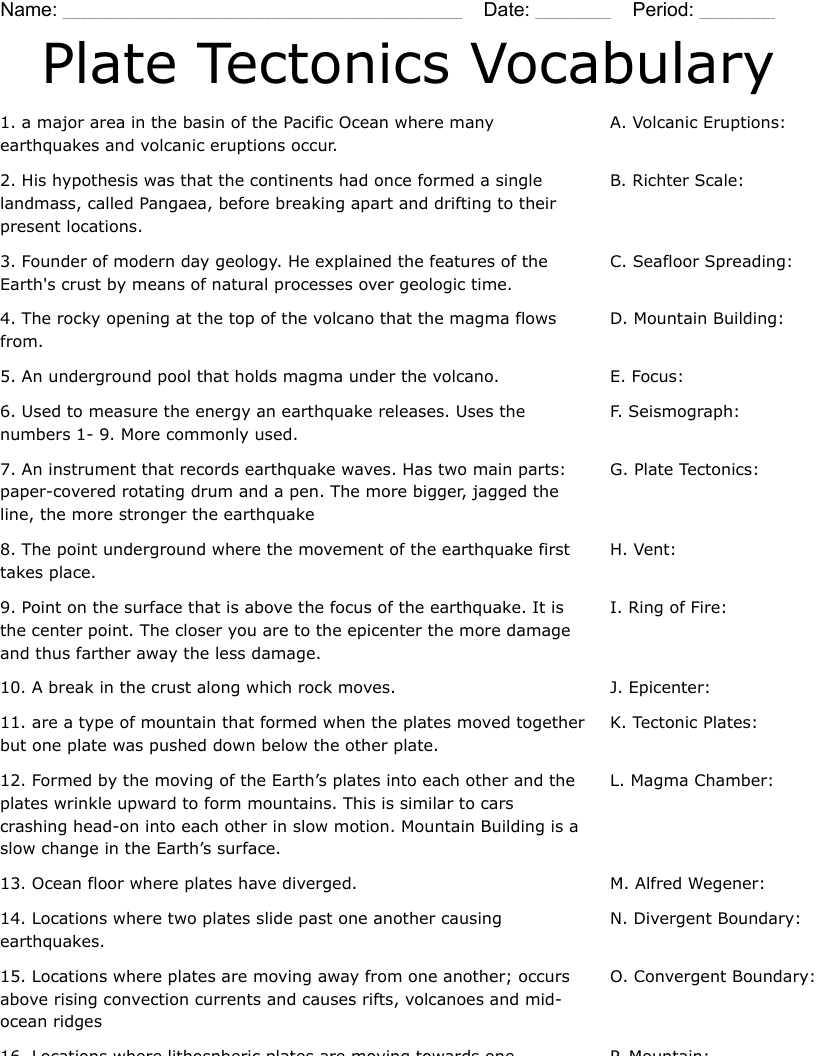 plate tectonics worksheet with answers