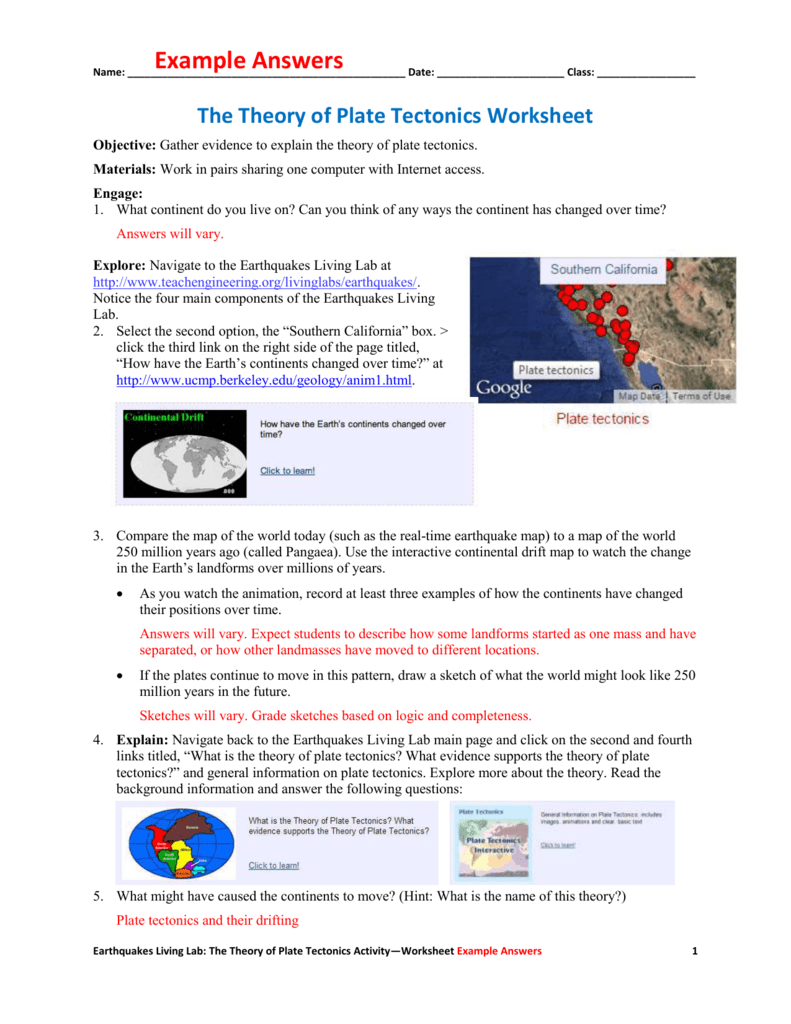 Plate Tectonics Worksheet Theory Evidence with Answers 