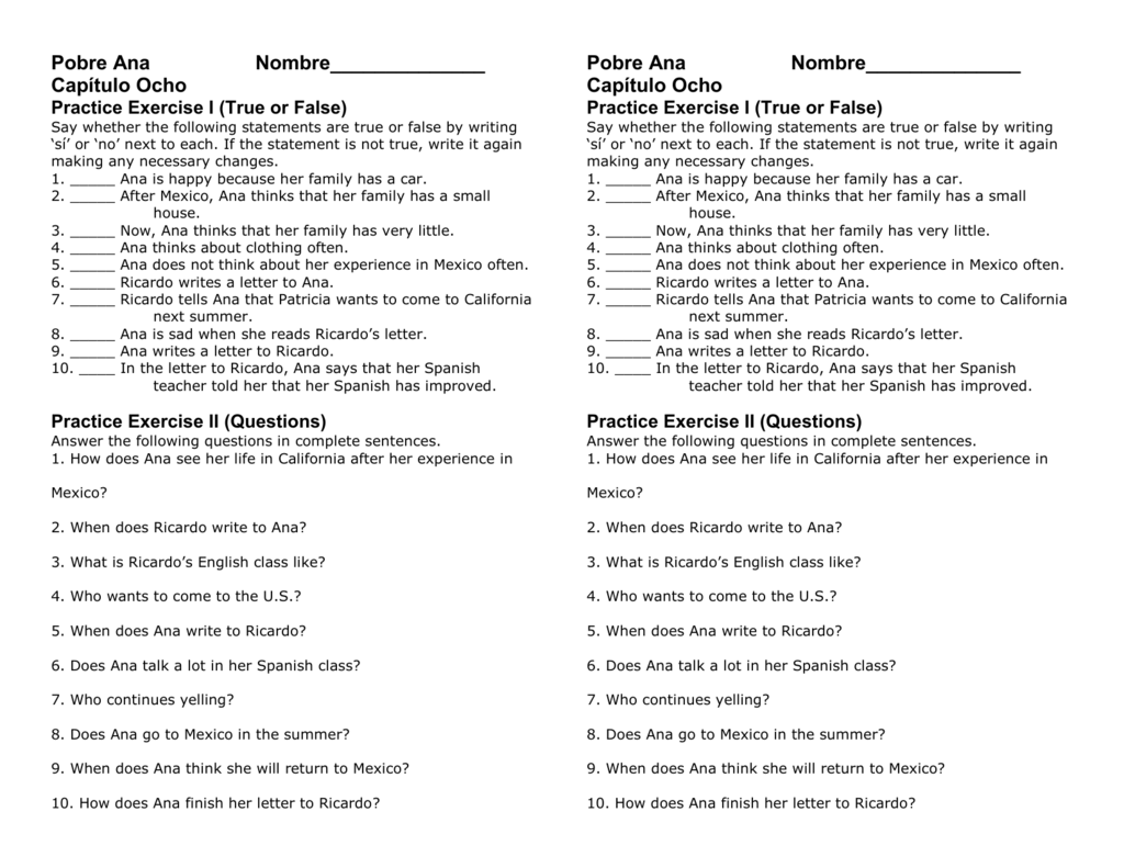 Pobre Ana Chapter 5 Questions POBRE ANA CAPITULO 5 True False Worksheets Library Pobre Ana Chapter 5 Questions POBRE ANA CAPITULO 5 True False Worksheets Library