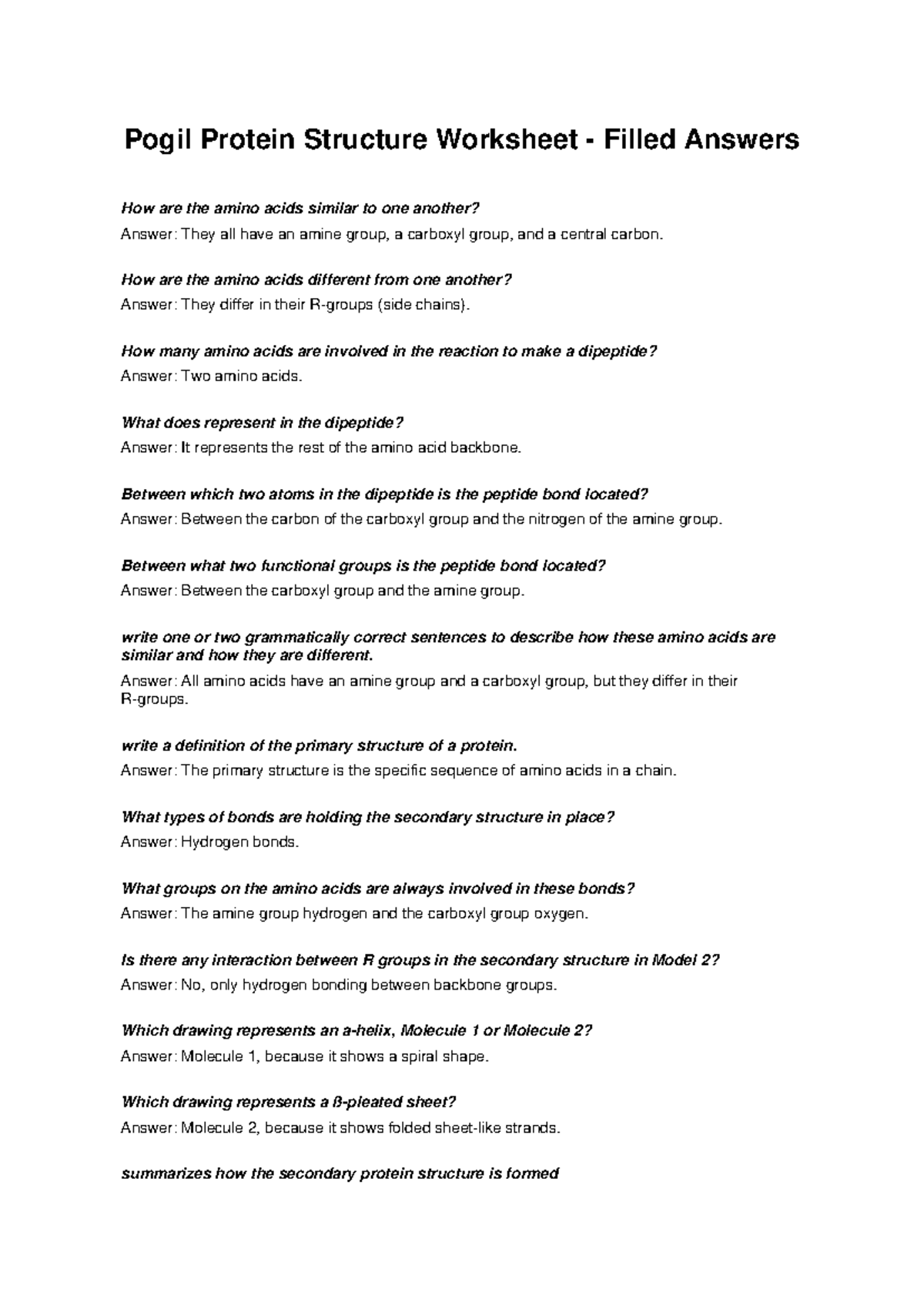 Pogil Protein Structure Worksheet Filled Answers Studocu