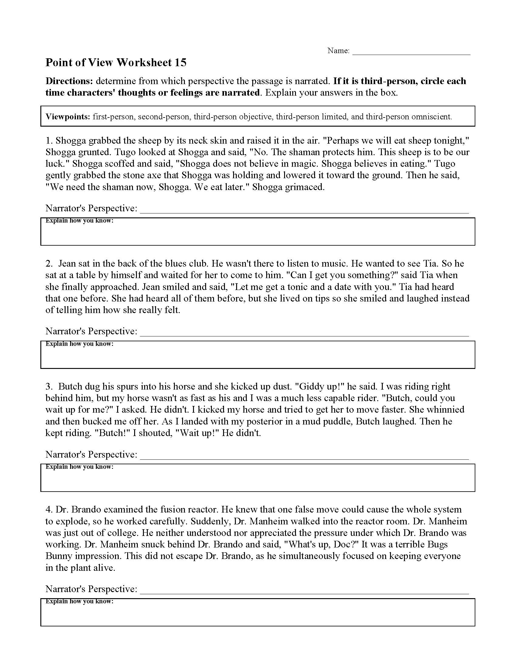 Point Of View Worksheet 15 Reading Activity Point Of View Worksheet 15 Reading Activity