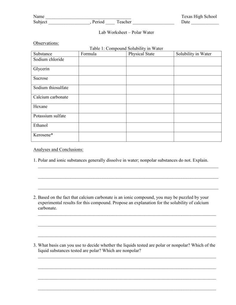 Polar Water Lab Worksheet Solubility Polarity Polar Water Lab Worksheet Solubility Polarity