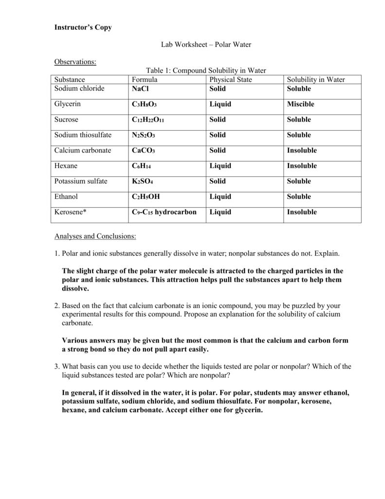 Polar Water Lab Worksheet Solubility Polarity Polar Water Lab Worksheet Solubility Polarity