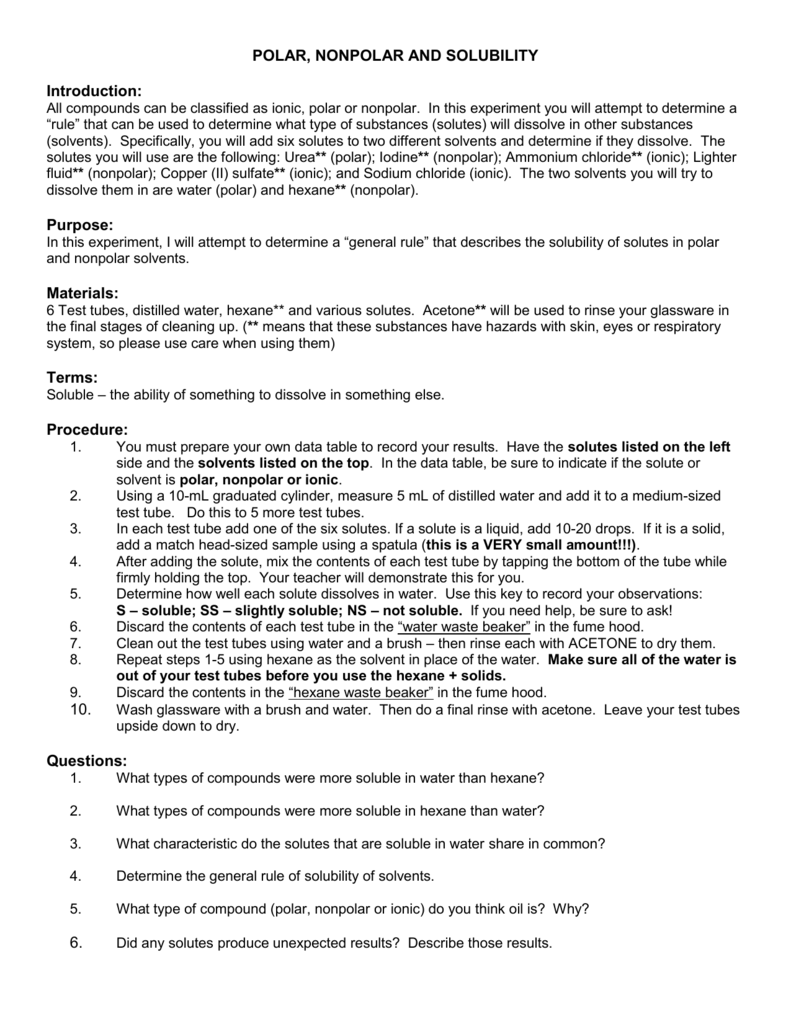 Polarity Solubility Lab Dissolving Solutes In Solvents Polarity Solubility Lab Dissolving Solutes In Solvents