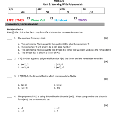 Polynomial Functions Worksheet MHF4U1 Unit 2
