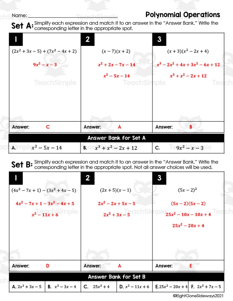 Polynomial Operations Leveled Checking Worksheet By Teach Simple