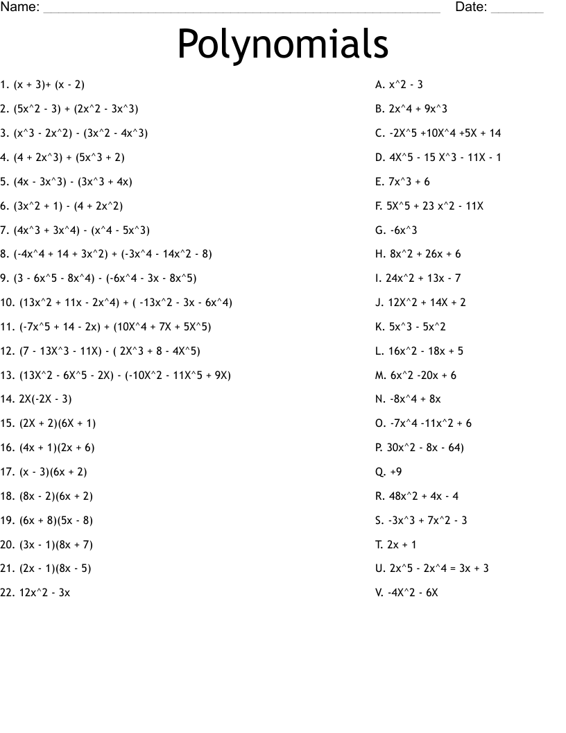 Polynomials Worksheet WordMint