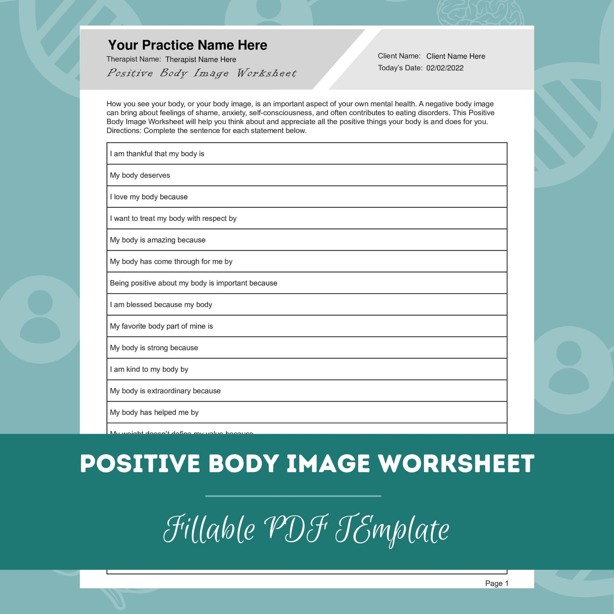 Positive Body Image Worksheet Editable Fillable PDF Template For Counselors Psychologists Therapists Etsy