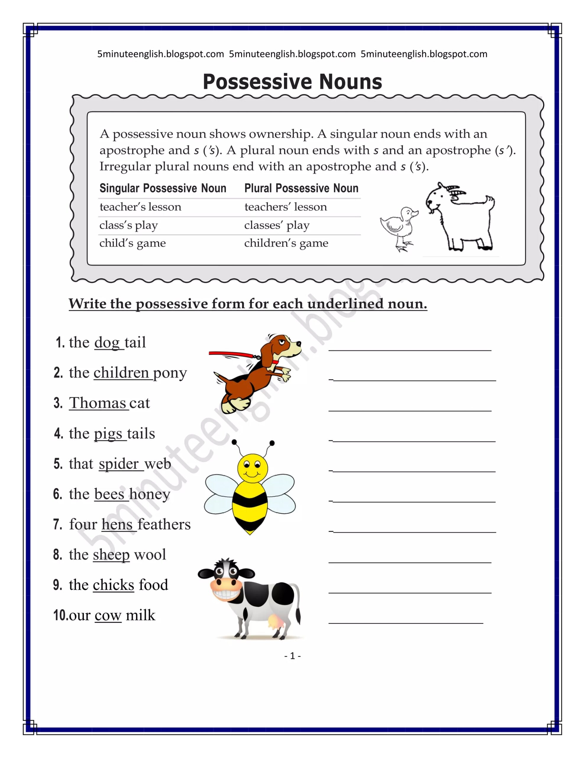 Possessive Nouns Worksheet Answers 5minuteenglish blogspot Possessive Nouns Worksheet Answers 5minuteenglish blogspot
