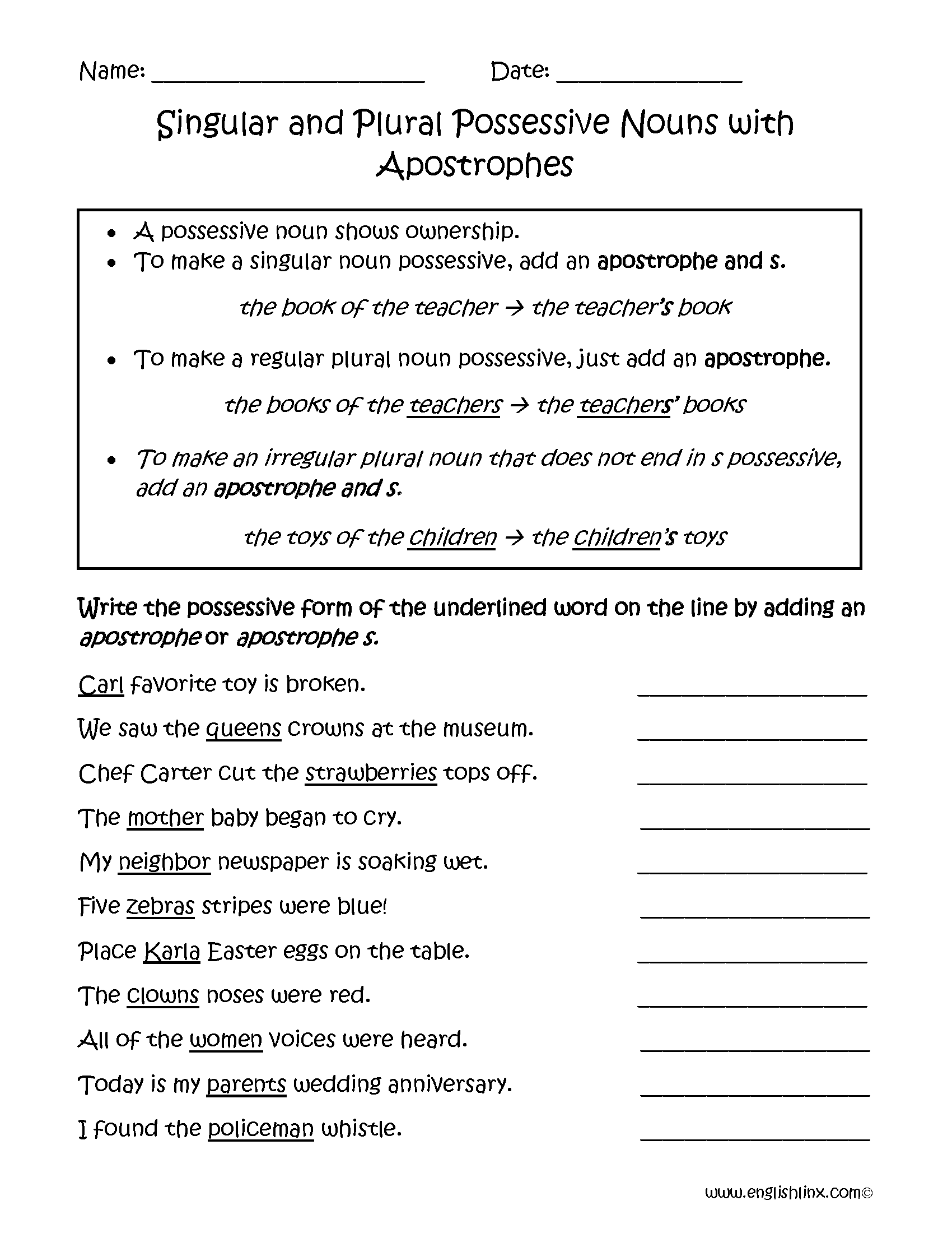 Possessive Nouns Worksheets Singular And Plural Possessive Nouns With Apostrophes Worksheets Possessive Nouns Worksheets Singular And Plural Possessive Nouns With Apostrophes Worksheets