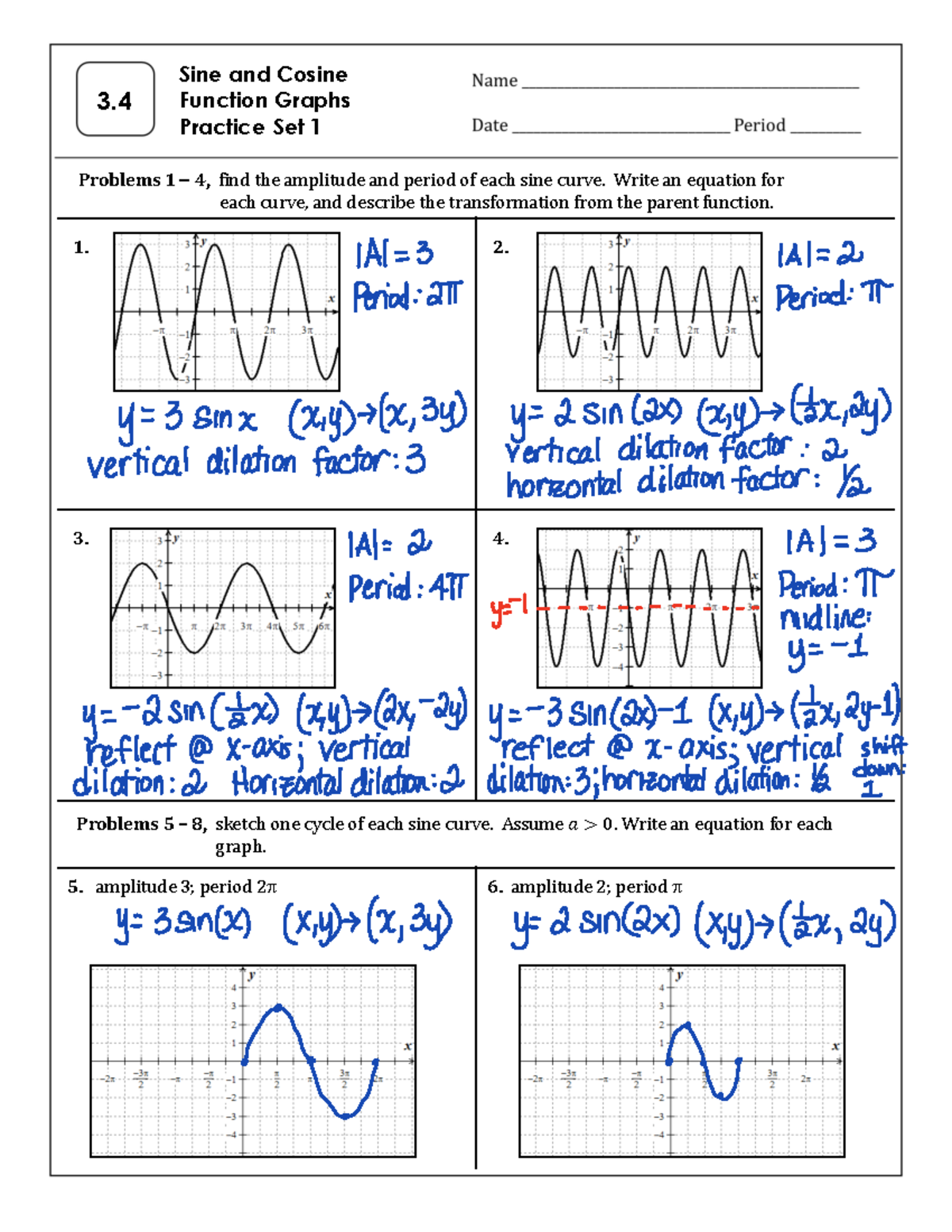 Practice 3 4 Sine Cosine Function Graphs Amplitude Period Analysis Studocu