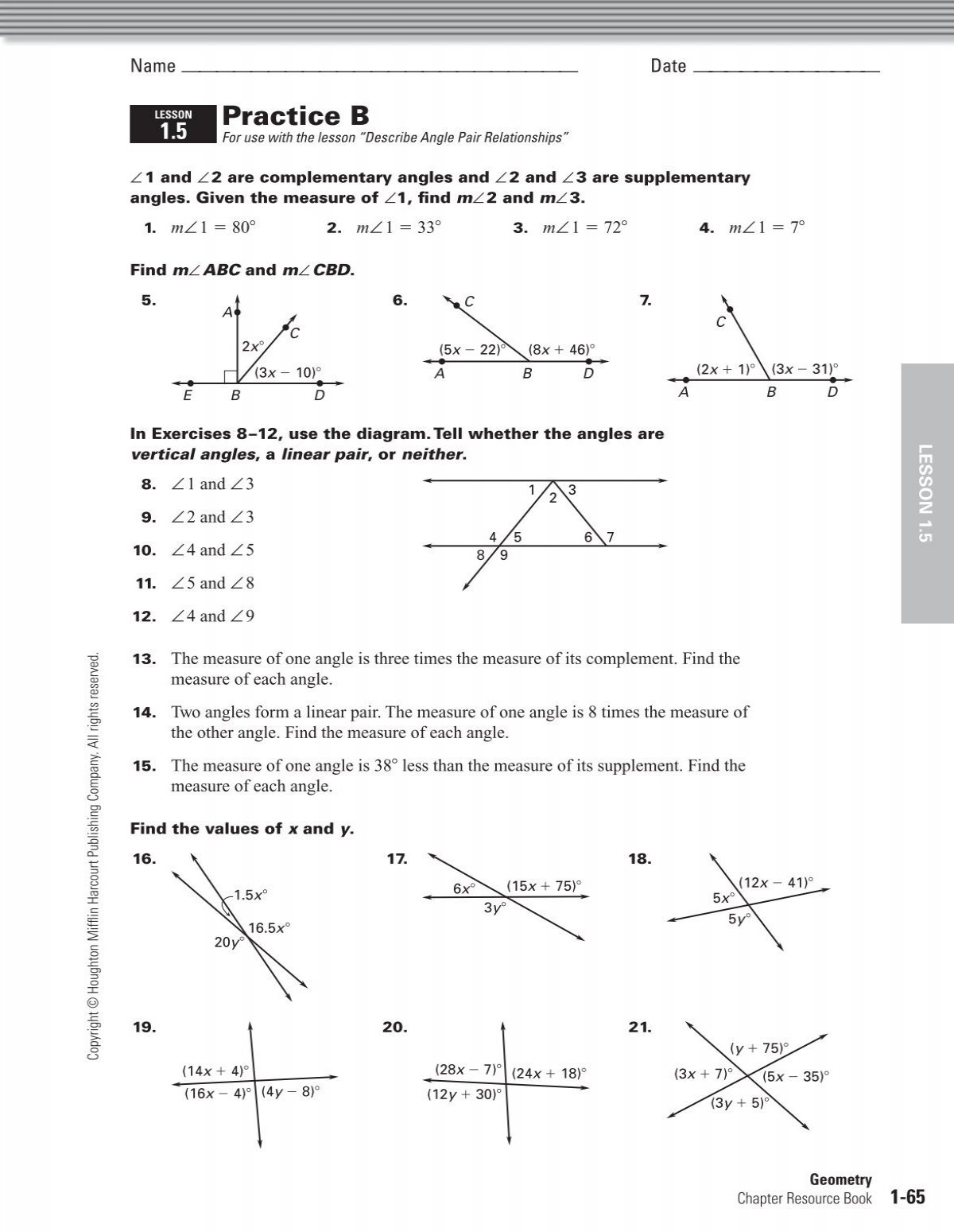 Practice B W Angle Pair Relationships