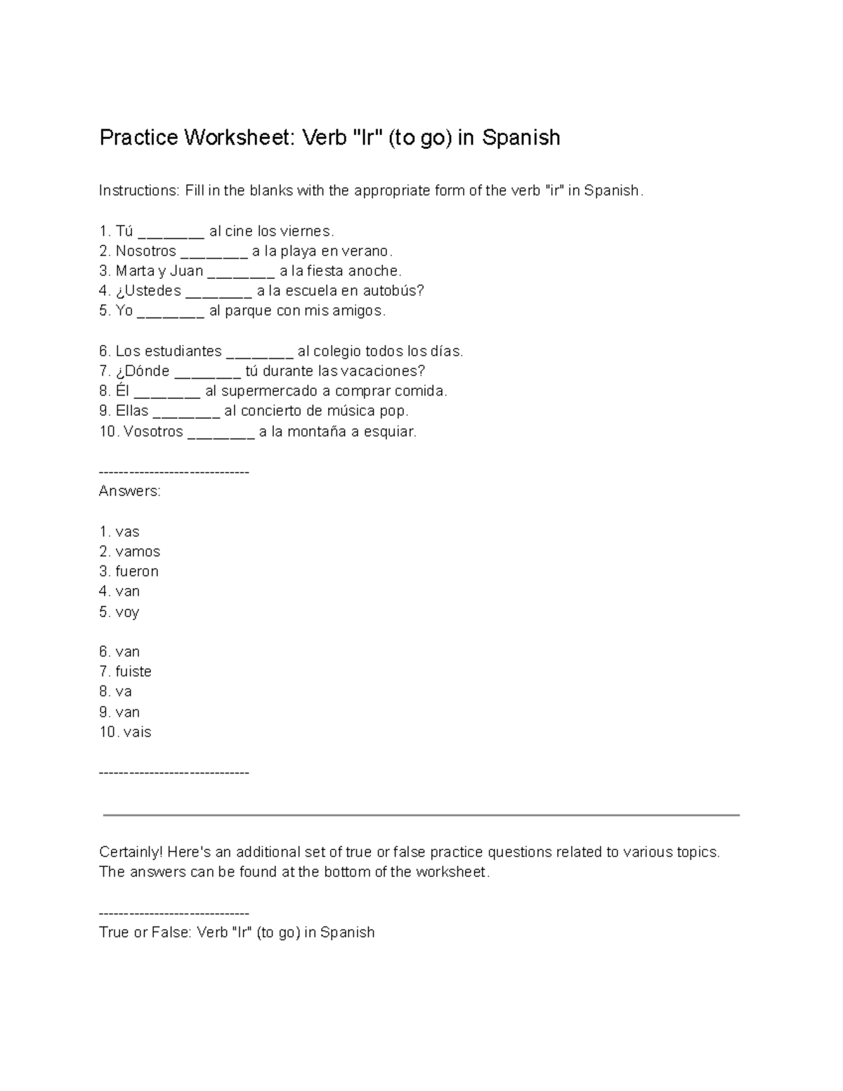 Practice Worksheet Conjugating Verb Ir to Go In Spanish Studocu