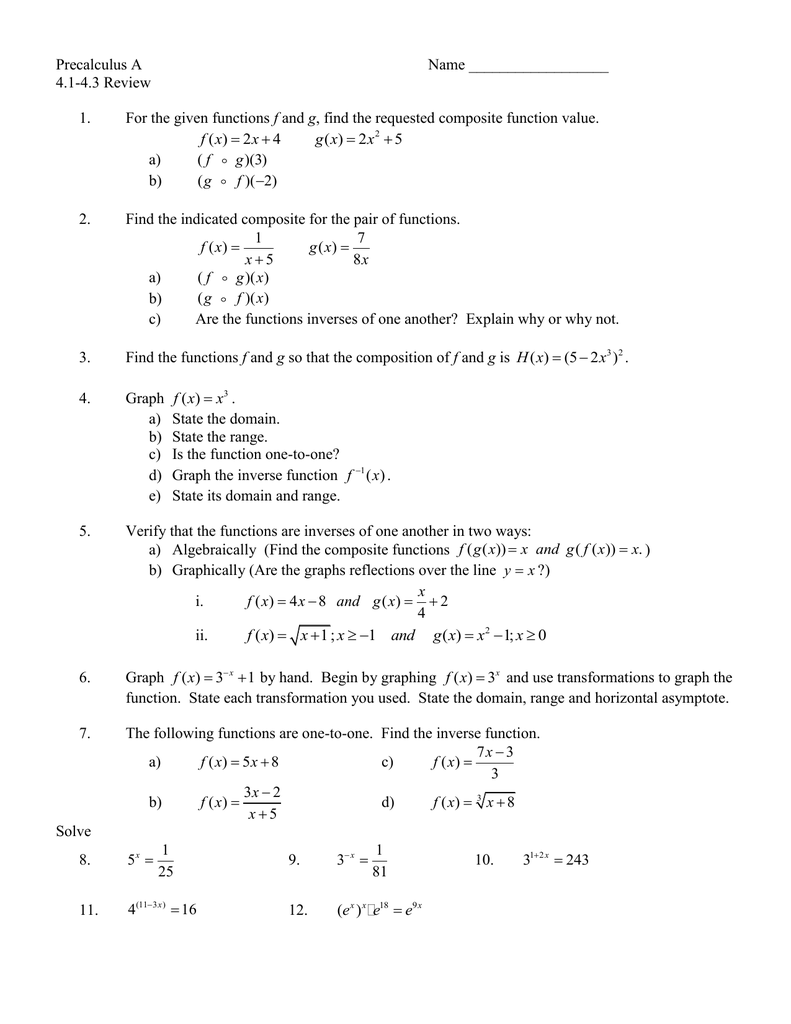 Precalculus Review Functions Inverses Exponentials