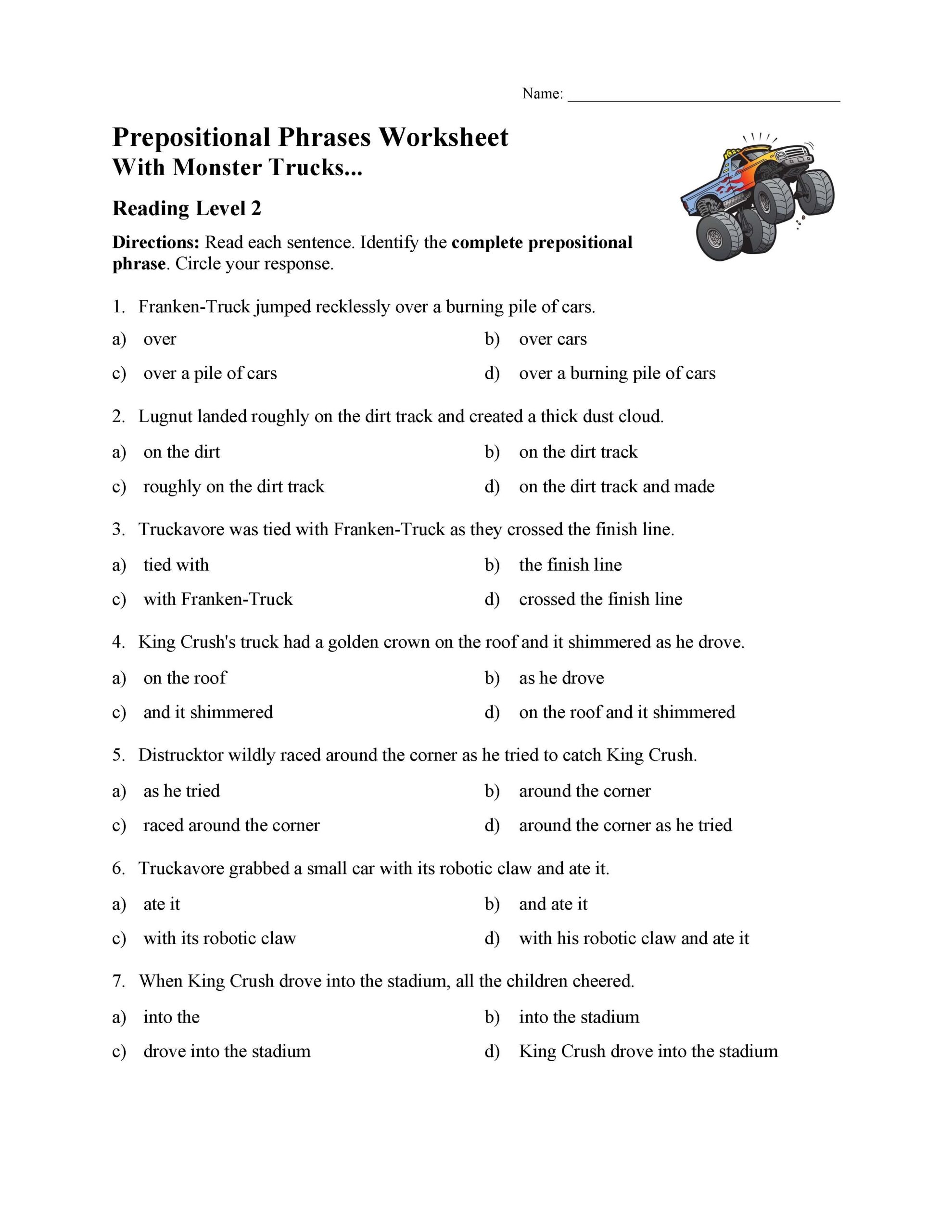 Prepositional Phrases Worksheet With Monster Trucks Parts Of Speech Activity