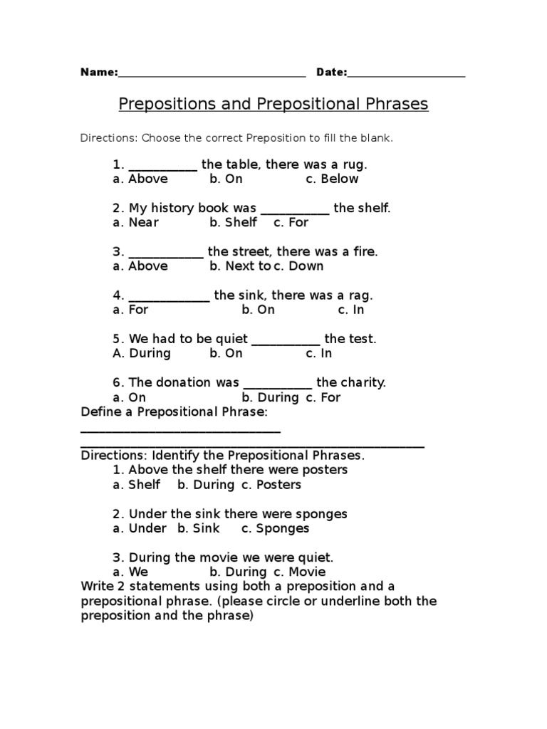 Prepositions And Prepositional Phrases Worksheet PDF Worksheets Library
