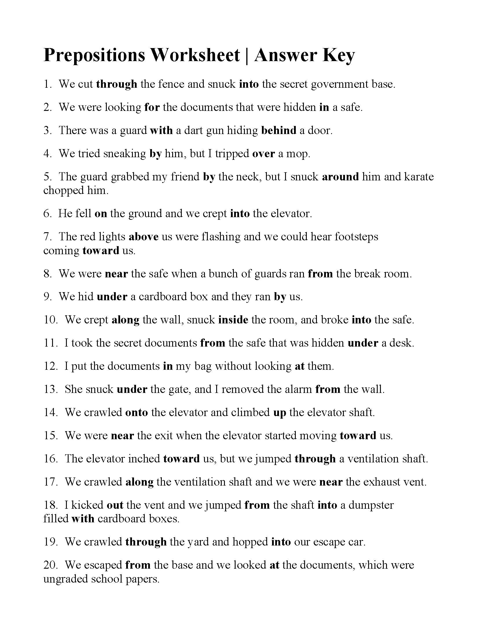 Prepositions Worksheet Answers Worksheets Library