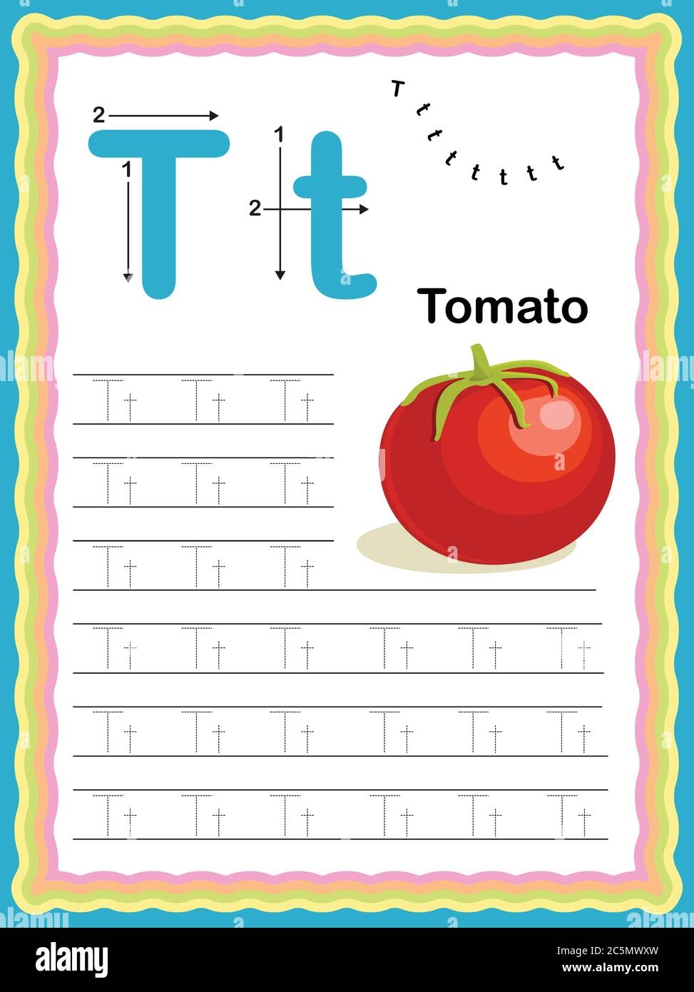 Preschool Colorful Letter T Uppercase And Lowercase Tracing Alphabets Start With Vegetables And Fruits Daily Writing Practice Worksheet Printable A4 Stock Vector Image Art Alamy