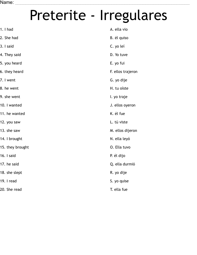 Preterite Irregulares Worksheet WordMint Worksheets Library