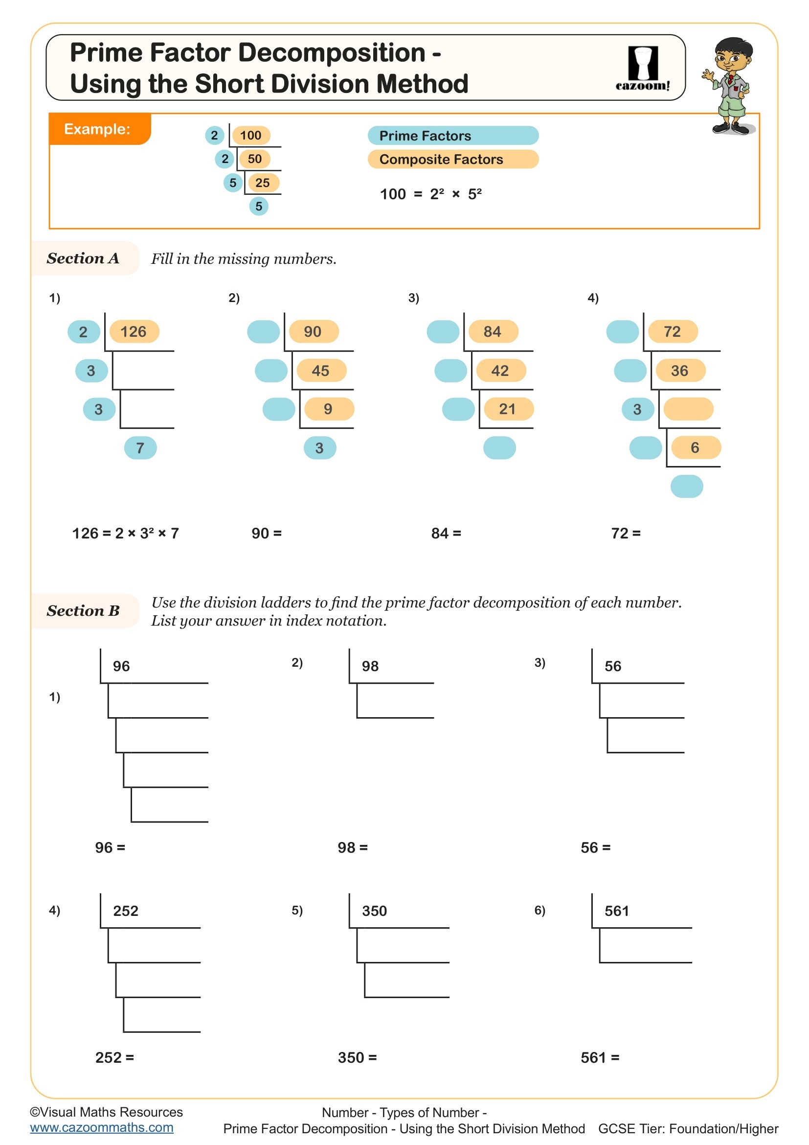 Prime Factor Decomposition Using The Short Division Method Worksheet Printable PDF Year 8 And Year 9 Number Worksheet