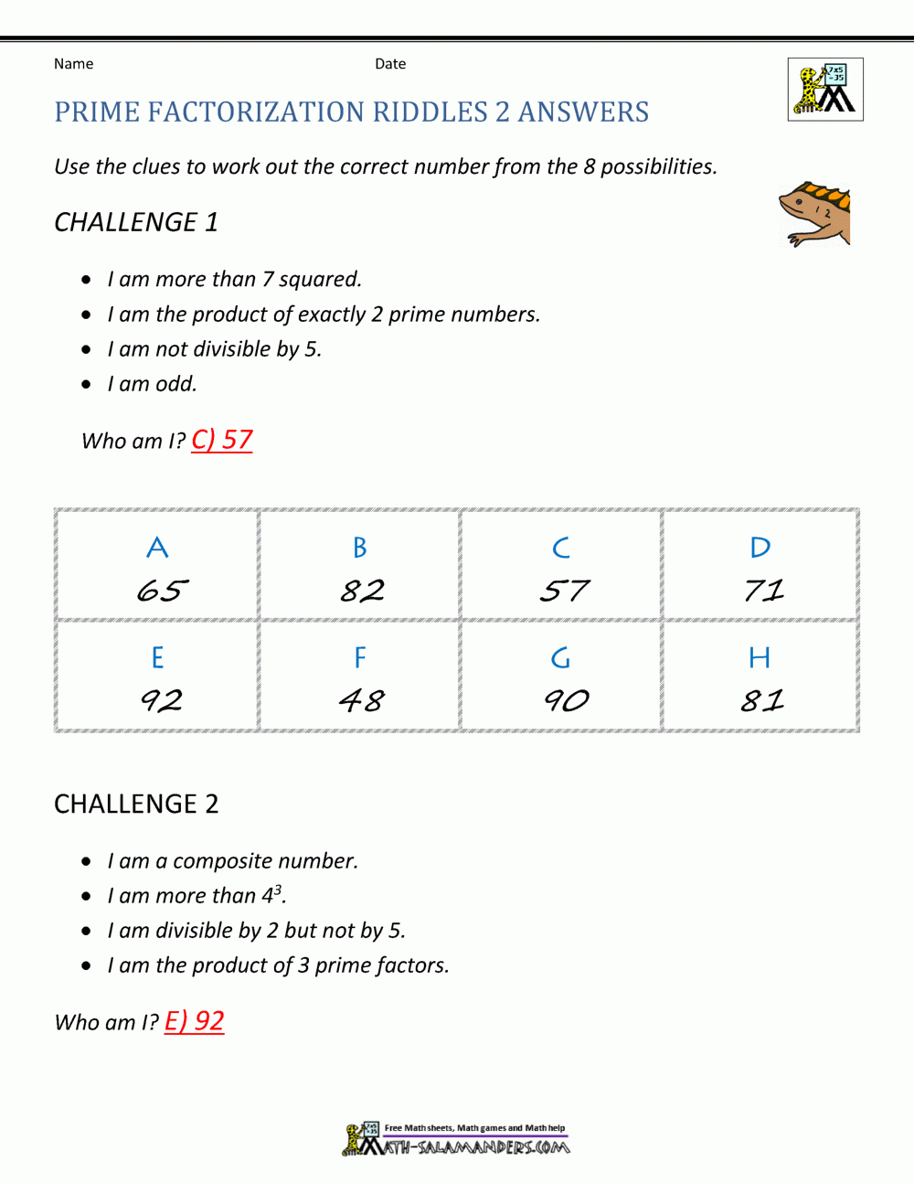 Prime Factorization Worksheet Page