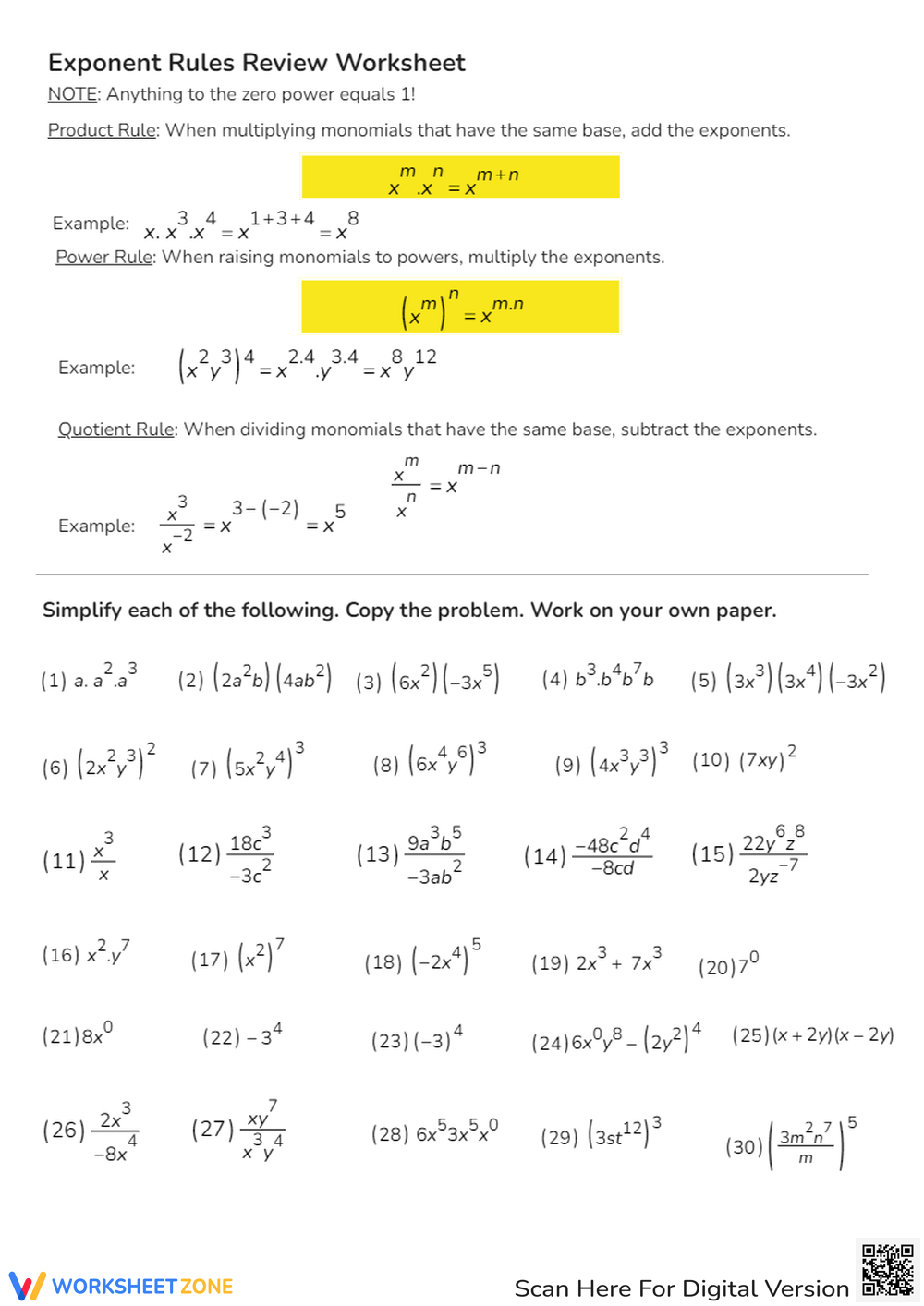Printable 10th Grade Exponent Rules Review Worksheets