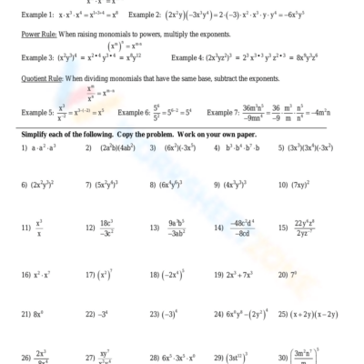 Printable 10th Grade Exponent Rules Review Worksheets