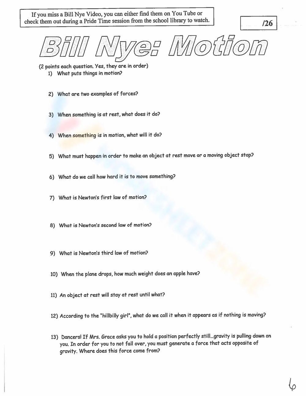 Printable 5th Grade Bill Nye Motion Worksheets Download Printable 5th Grade Bill Nye Motion Worksheets Download