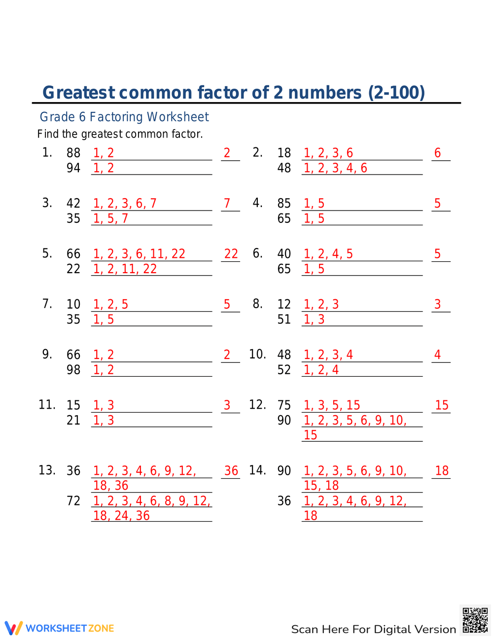Printable 5th Grade Greatest Common Factor Worksheets