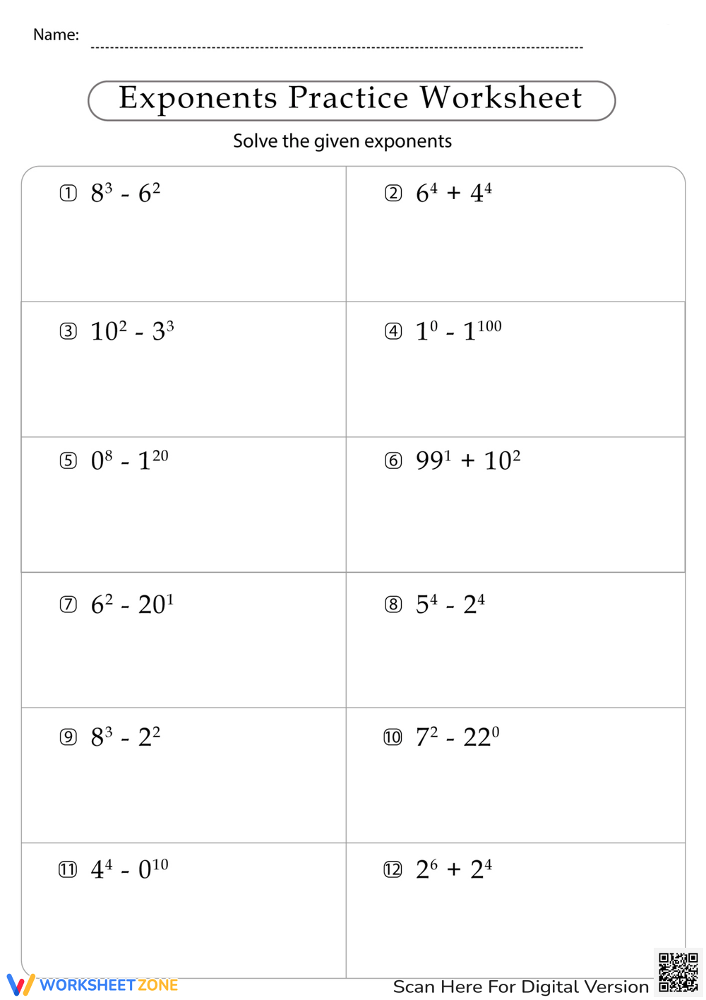 Printable 6th Grade Exponents Worksheets