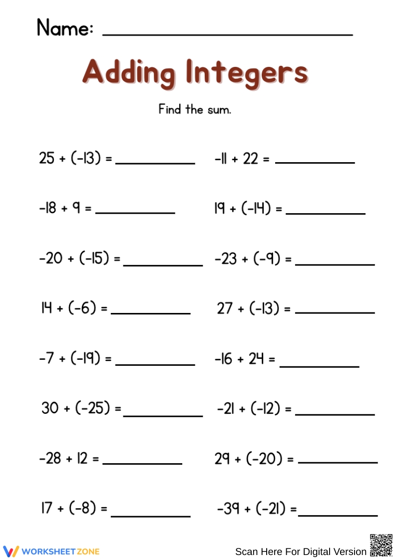 Printable 6th Grade Integers Worksheets