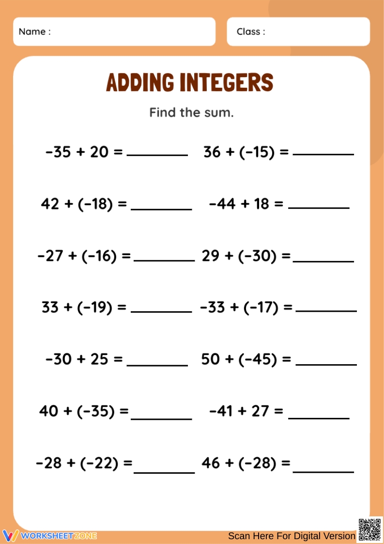 Printable 6th Grade Integers Worksheets