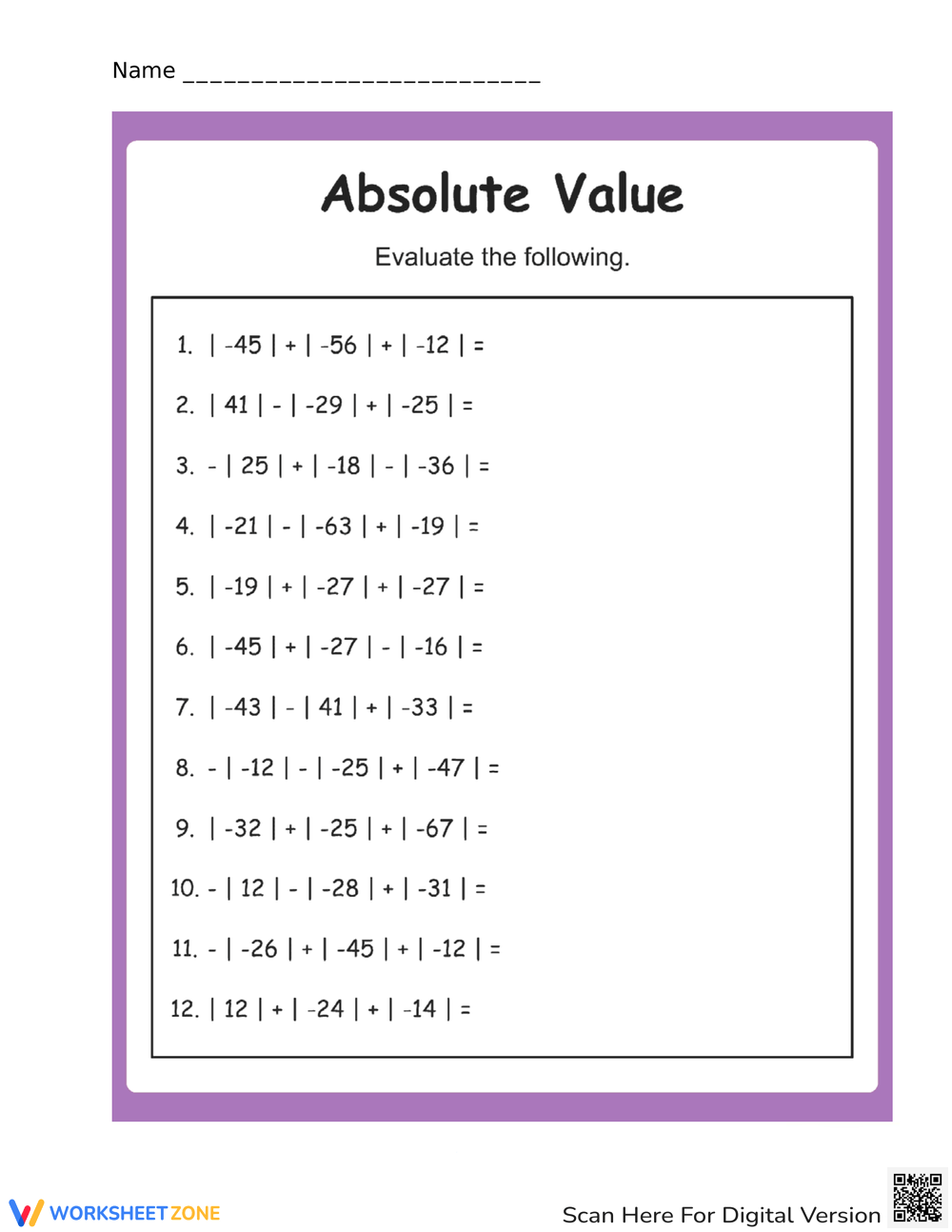 Printable 7th Grade Absolute Value Worksheets Printable 7th Grade Absolute Value Worksheets