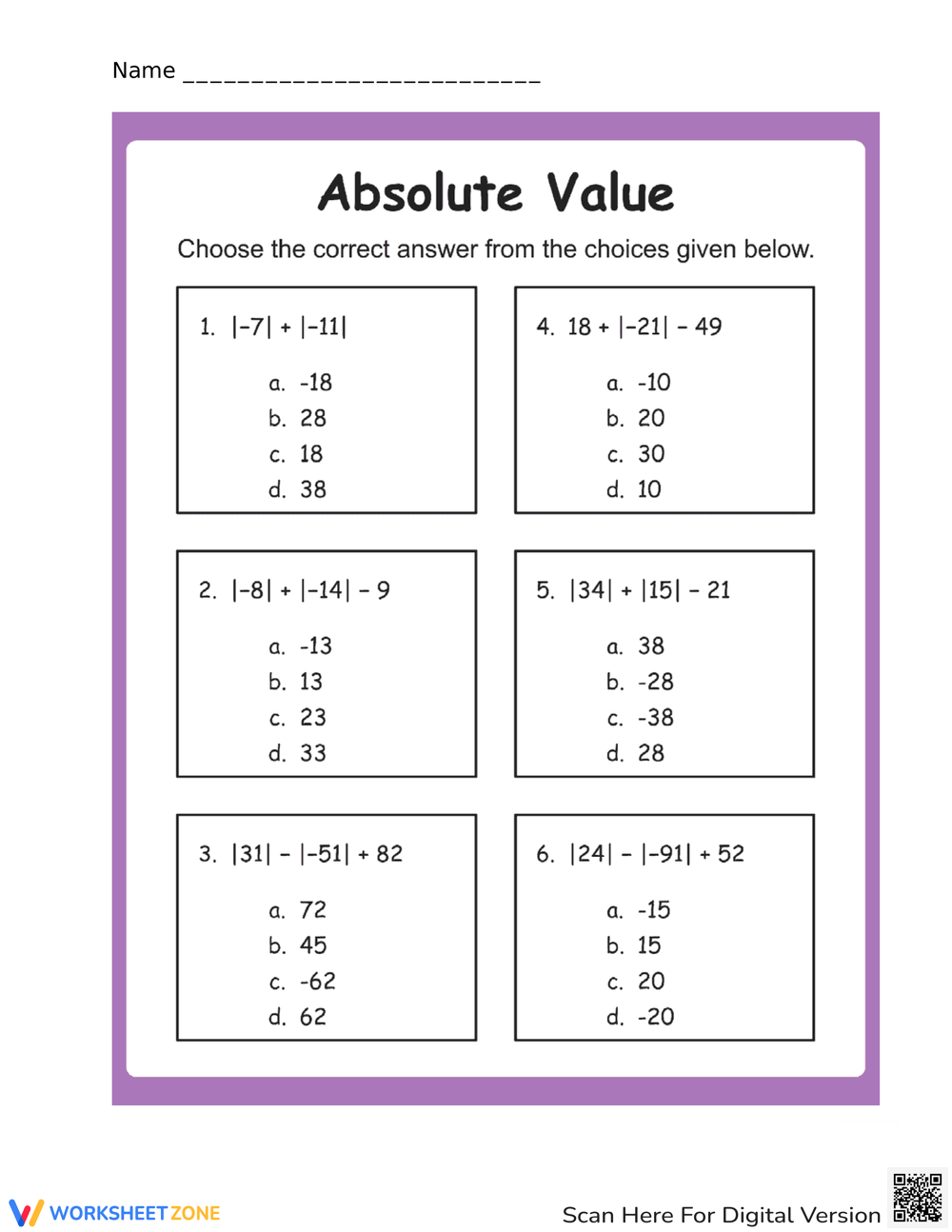 Printable 7th Grade Absolute Value Worksheets